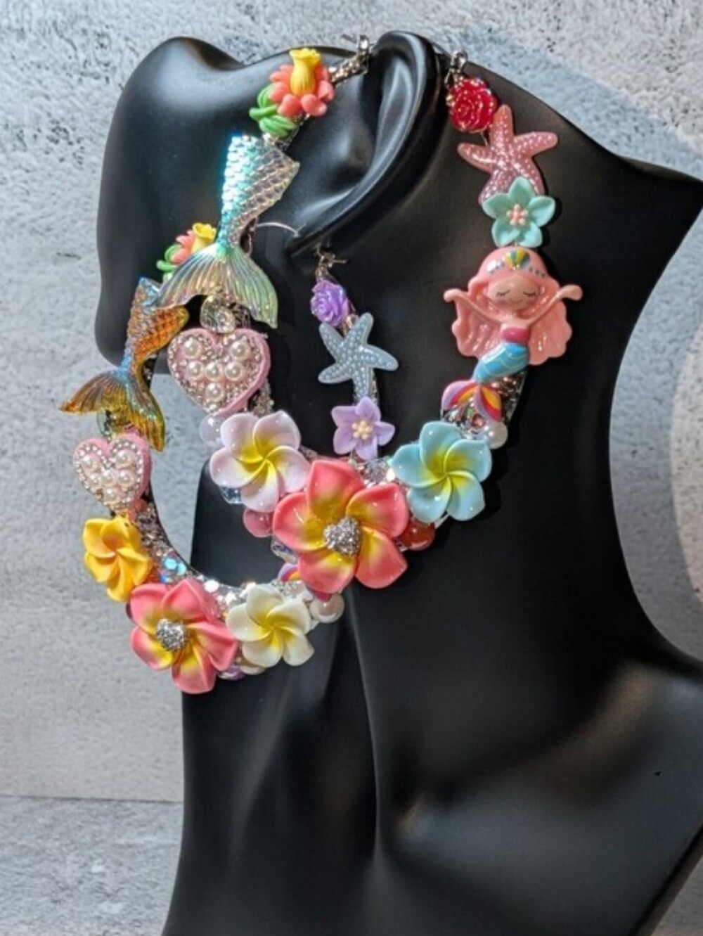 Handmade XLarge Multicolor Mermaid & Flower Statement Hoop Earrings
